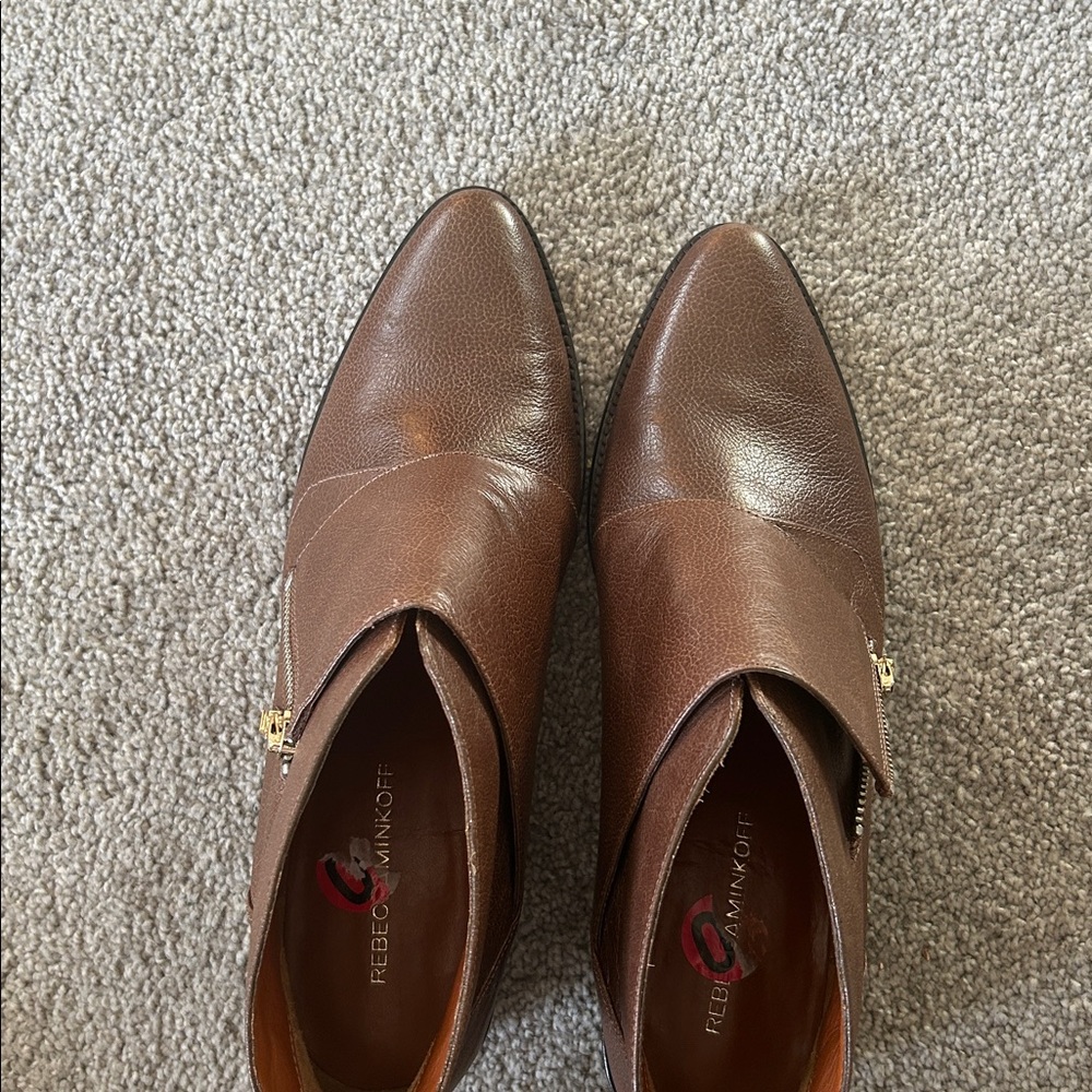 Rebecca Minkoff Leather Ankle Booties Zip Up Pointy Toe Brown Women's 10